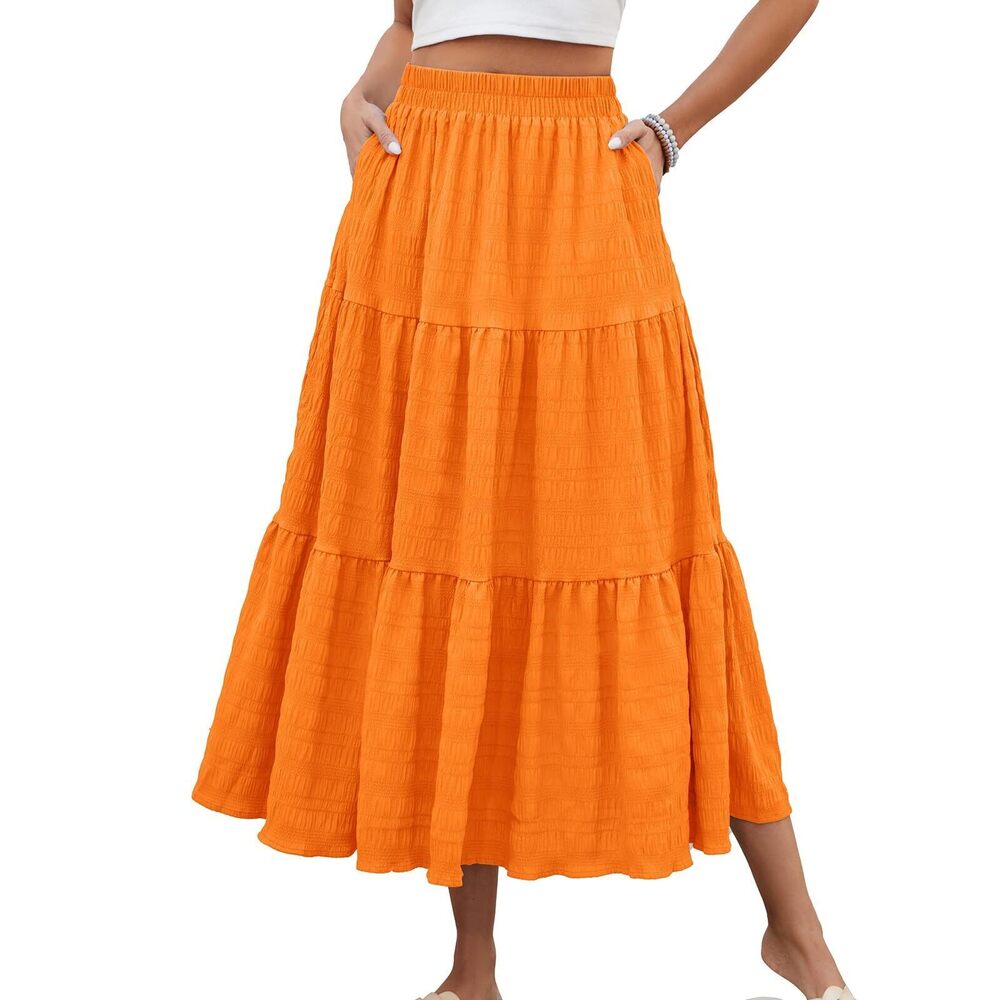 4881 Teacher Skirts Trendy Summer Elastic Waist Skirt with Pockets Loose